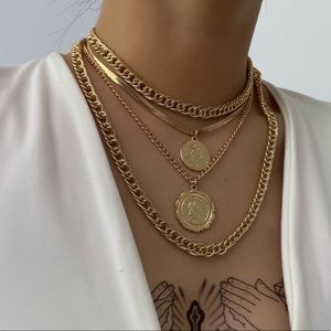 Medallion Coin 14K Gold Plated Layered Link Chain Choker Necklace